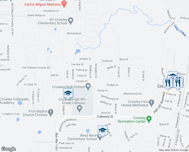 map of restaurants, bars, coffee shops, grocery stores, and more near 121 North Heights Drive in Crowley