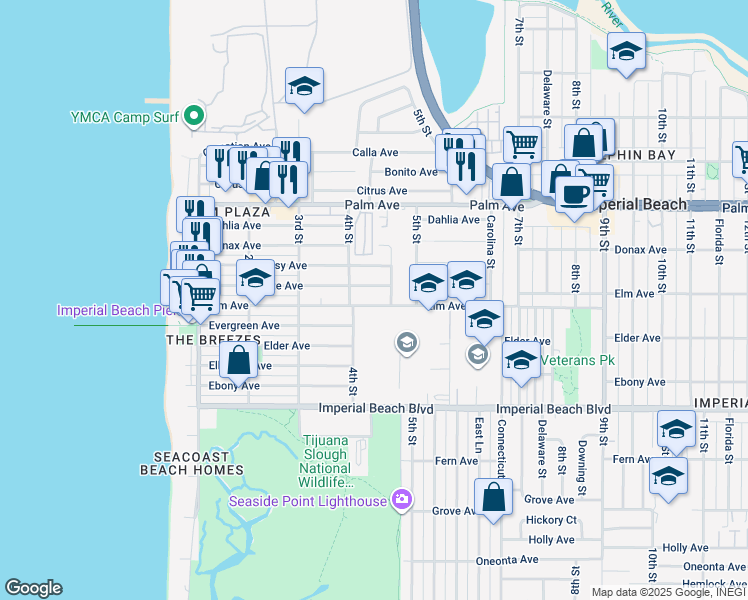 map of restaurants, bars, coffee shops, grocery stores, and more near 438 Elm Avenue in Imperial Beach