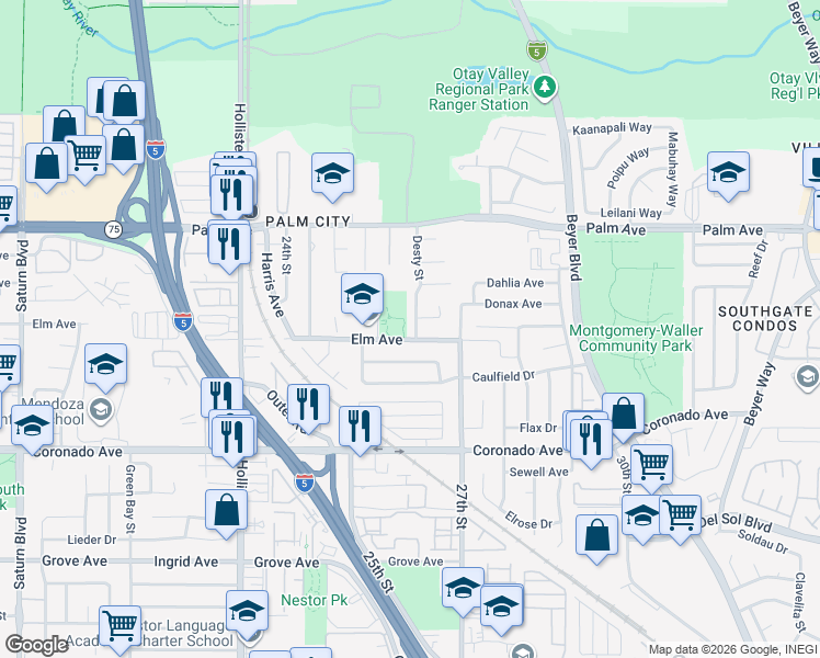 map of restaurants, bars, coffee shops, grocery stores, and more near 926 Desty Street in San Diego