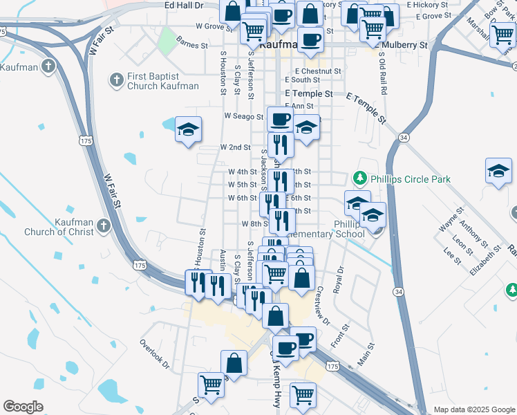 map of restaurants, bars, coffee shops, grocery stores, and more near 1405 South Jefferson Street in Kaufman