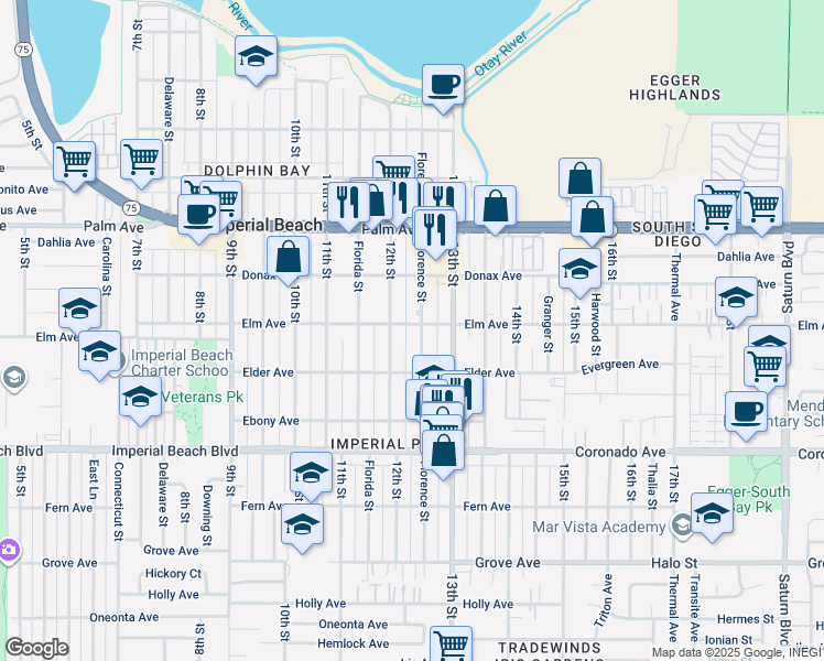 map of restaurants, bars, coffee shops, grocery stores, and more near 931 12th Street in Imperial Beach