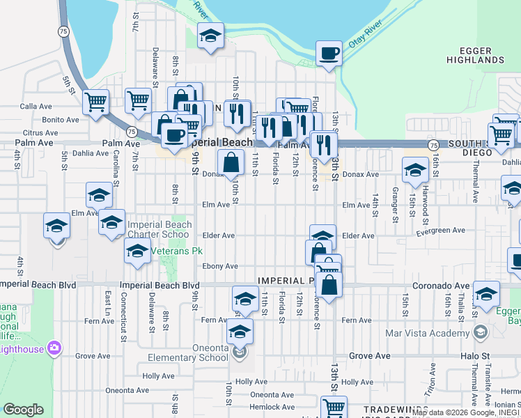 map of restaurants, bars, coffee shops, grocery stores, and more near 936 11th Street in Imperial Beach