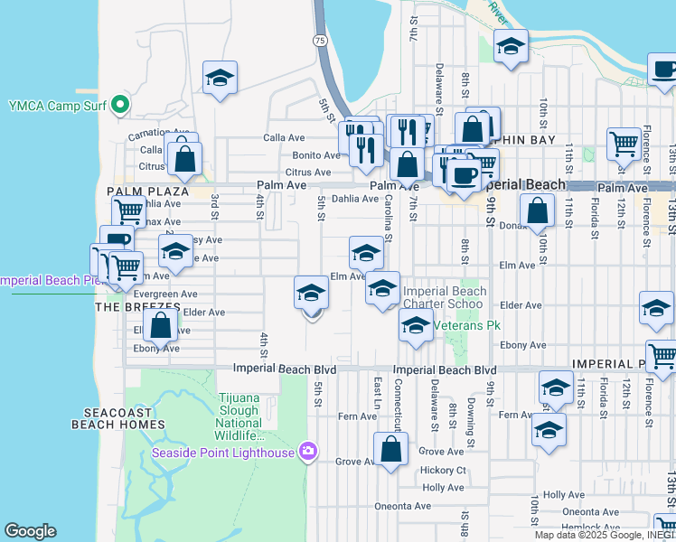 map of restaurants, bars, coffee shops, grocery stores, and more near 508 Elm Avenue in Imperial Beach