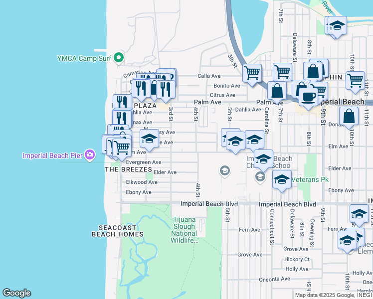 map of restaurants, bars, coffee shops, grocery stores, and more near 363 Elm Avenue in Imperial Beach