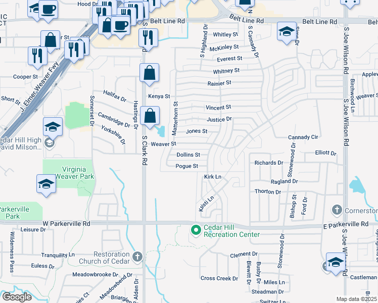 map of restaurants, bars, coffee shops, grocery stores, and more near 423 Dollins Street in Cedar Hill