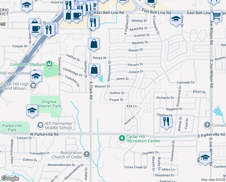 map of restaurants, bars, coffee shops, grocery stores, and more near 423 Dollins Street in Cedar Hill