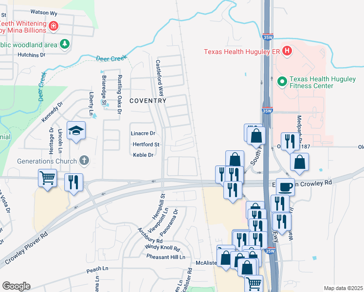 map of restaurants, bars, coffee shops, grocery stores, and more near 12300 Hemphill Street in Crowley