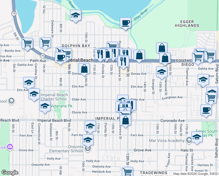 map of restaurants, bars, coffee shops, grocery stores, and more near 904 12th Street in Imperial Beach