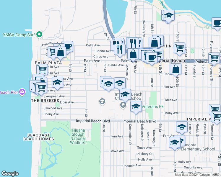 map of restaurants, bars, coffee shops, grocery stores, and more near 532 Elm Avenue in Imperial Beach