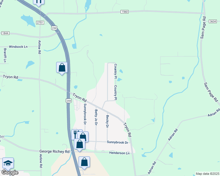 map of restaurants, bars, coffee shops, grocery stores, and more near 851 Country Place in Longview