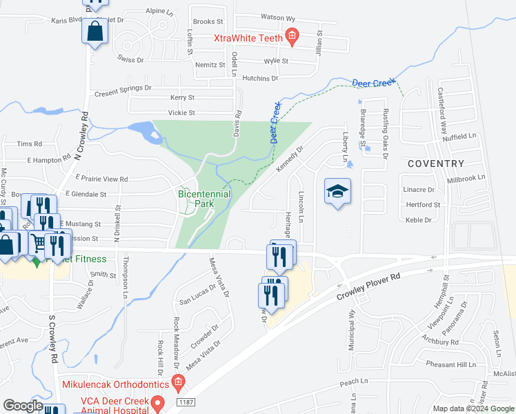 map of restaurants, bars, coffee shops, grocery stores, and more near 268 Edison Lane in Crowley