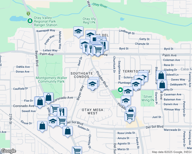 map of restaurants, bars, coffee shops, grocery stores, and more near 3304 Via Tonga in San Diego