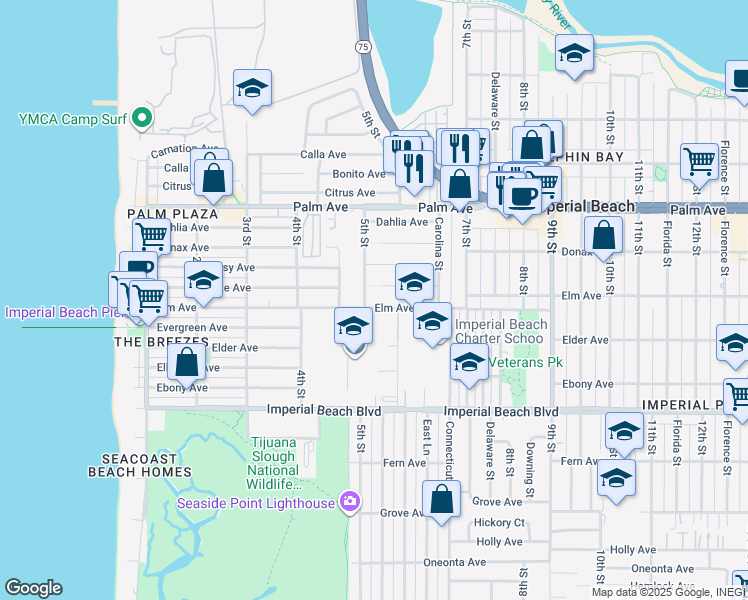 map of restaurants, bars, coffee shops, grocery stores, and more near 508 Elm Avenue in Imperial Beach