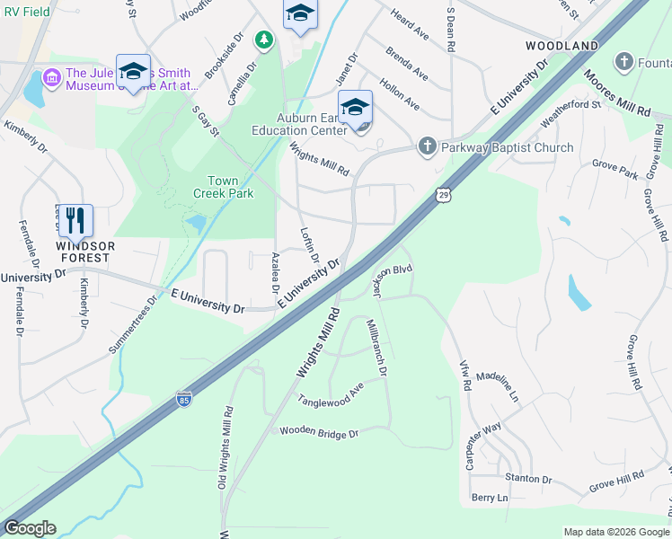 map of restaurants, bars, coffee shops, grocery stores, and more near Wrights Mill Road in Auburn