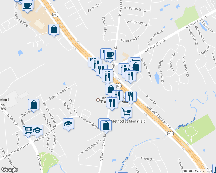 map of restaurants, bars, coffee shops, grocery stores, and more near 1001 U.S. 287 in Mansfield