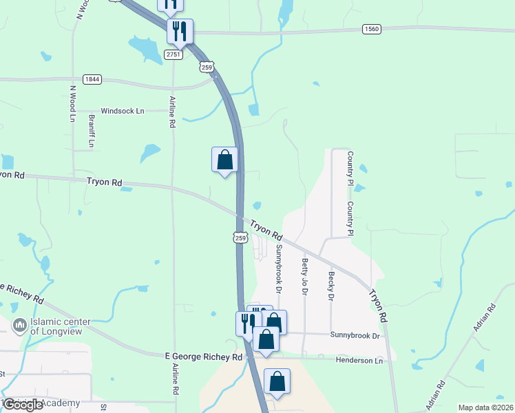 map of restaurants, bars, coffee shops, grocery stores, and more near 6376 Tryon Road in Longview