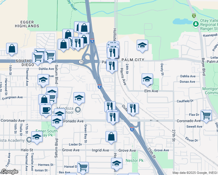 map of restaurants, bars, coffee shops, grocery stores, and more near 874 Hollister Street in San Diego