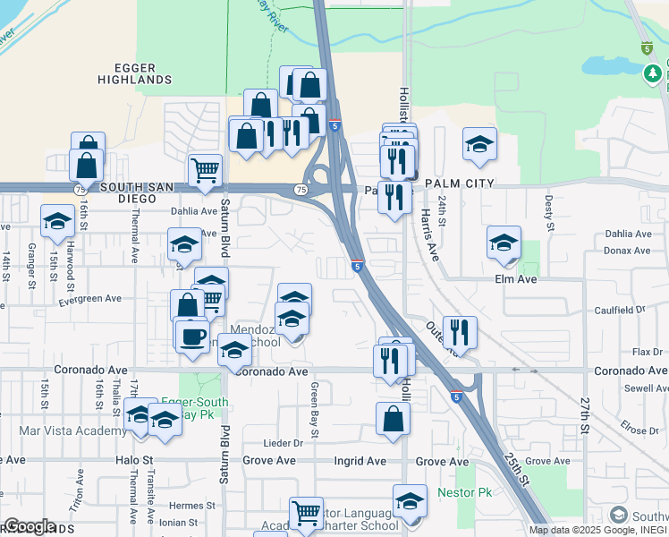 map of restaurants, bars, coffee shops, grocery stores, and more near 2200 Coronado Avenue in San Diego