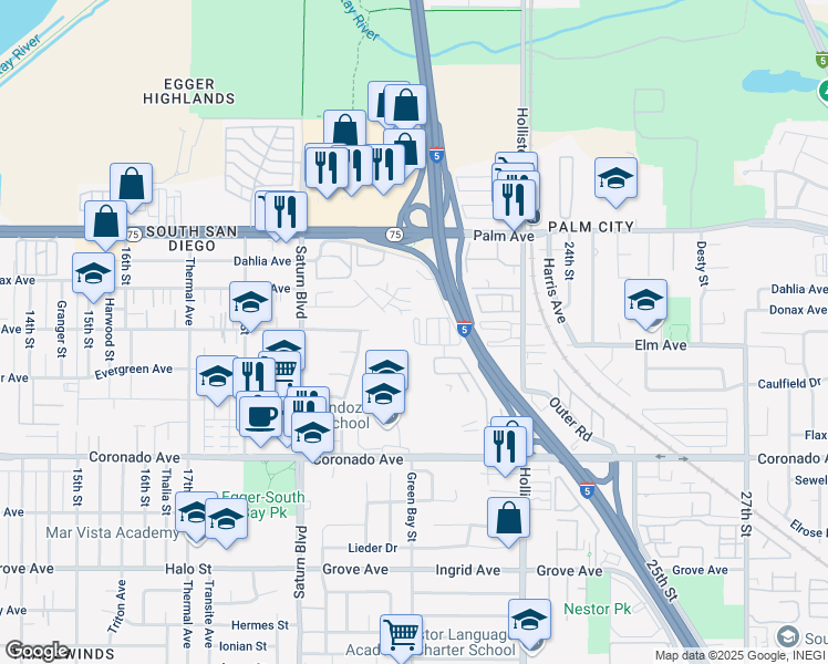 map of restaurants, bars, coffee shops, grocery stores, and more near Green Street in San Diego