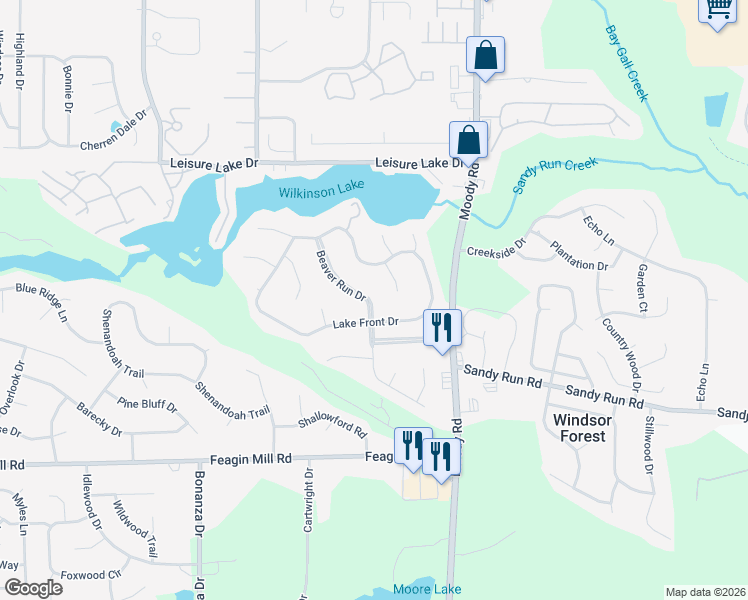 map of restaurants, bars, coffee shops, grocery stores, and more near 103 Lake Front Drive in Warner Robins