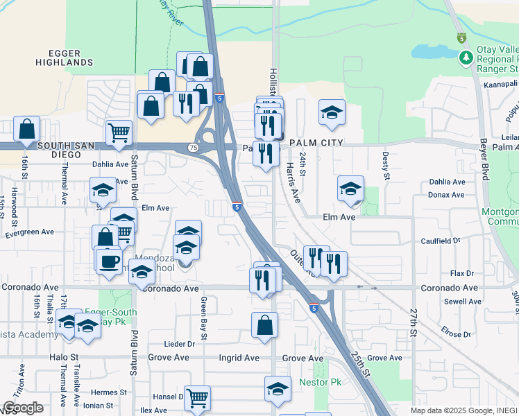 map of restaurants, bars, coffee shops, grocery stores, and more near 874 Hollister Street in San Diego