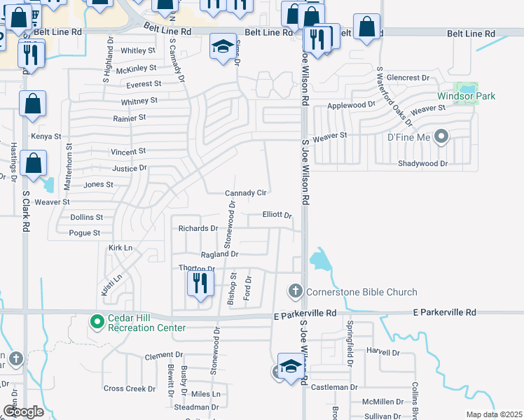 map of restaurants, bars, coffee shops, grocery stores, and more near 910 Elliott Drive in Cedar Hill