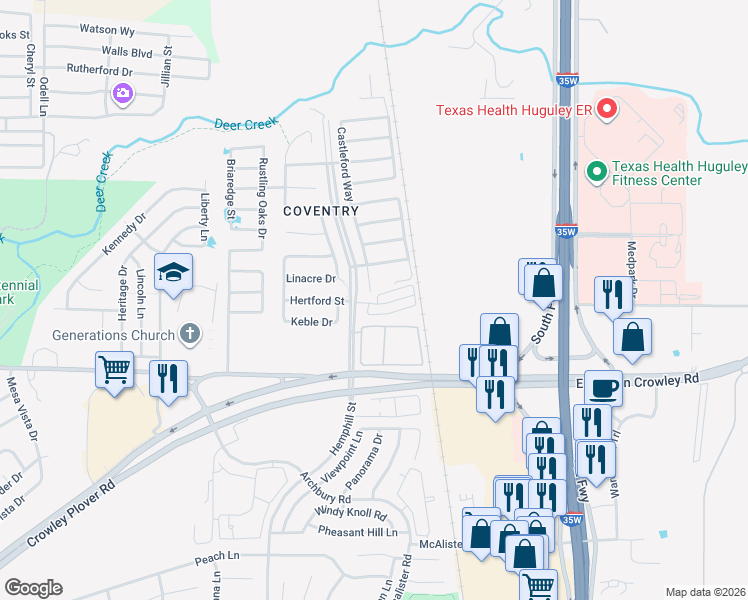 map of restaurants, bars, coffee shops, grocery stores, and more near 12300 Hemphill Street in Crowley