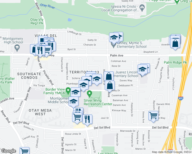 map of restaurants, bars, coffee shops, grocery stores, and more near 3767 Schirra Street in San Diego