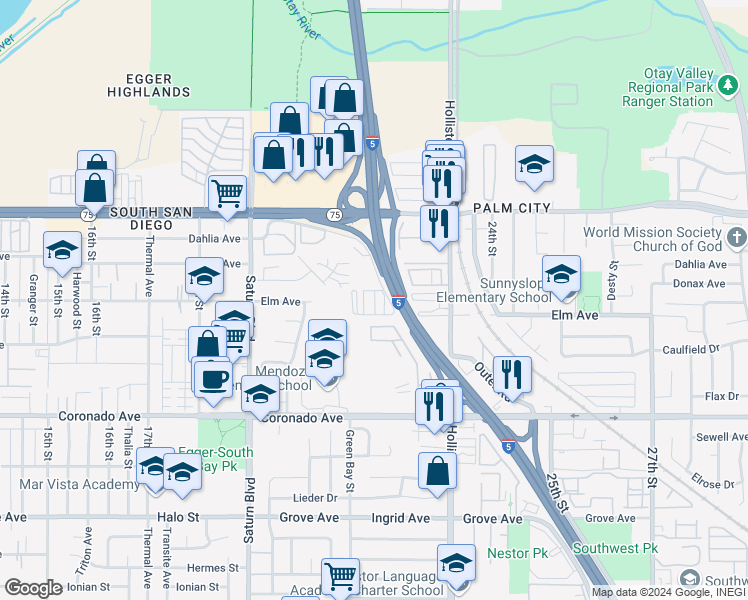 map of restaurants, bars, coffee shops, grocery stores, and more near 2200 Coronado Avenue in San Diego