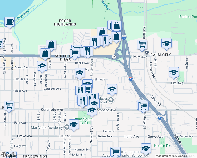 map of restaurants, bars, coffee shops, grocery stores, and more near 1940 Barsanti Court in San Diego