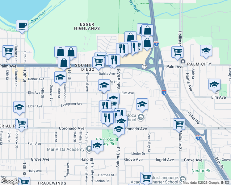 map of restaurants, bars, coffee shops, grocery stores, and more near 914 Saturn Boulevard in San Diego
