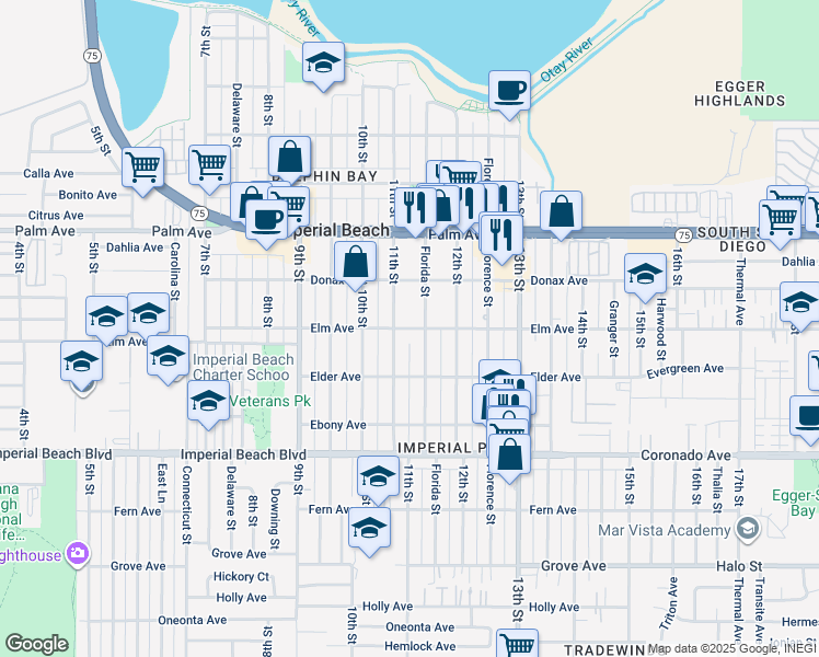 map of restaurants, bars, coffee shops, grocery stores, and more near 936 Florida Street in Imperial Beach