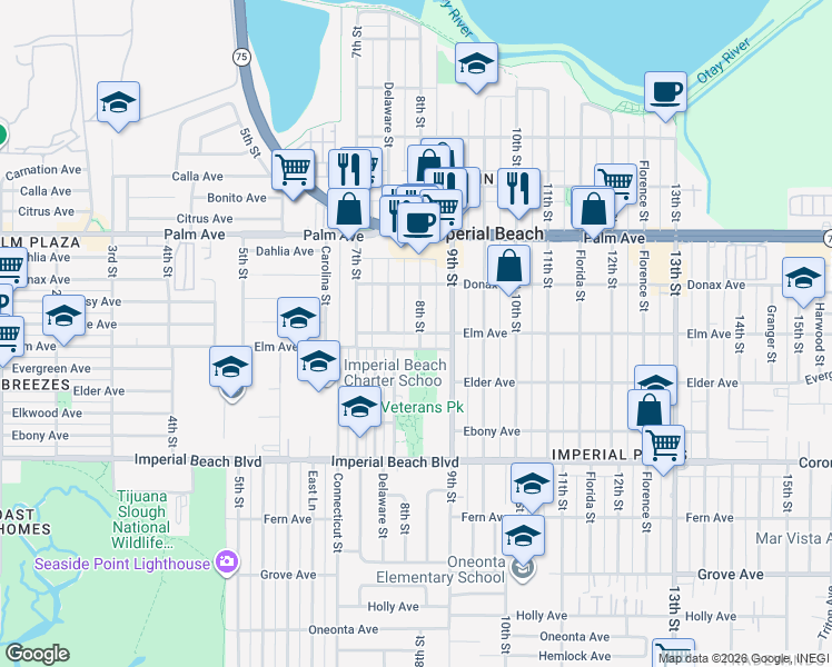 map of restaurants, bars, coffee shops, grocery stores, and more near 841 Encina Avenue in Imperial Beach
