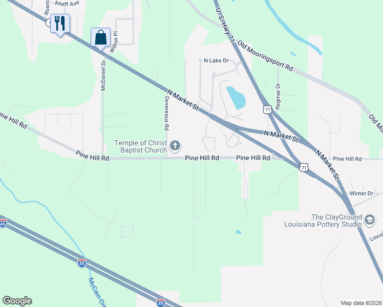 map of restaurants, bars, coffee shops, grocery stores, and more near 2107 Pine Hill Road in Shreveport