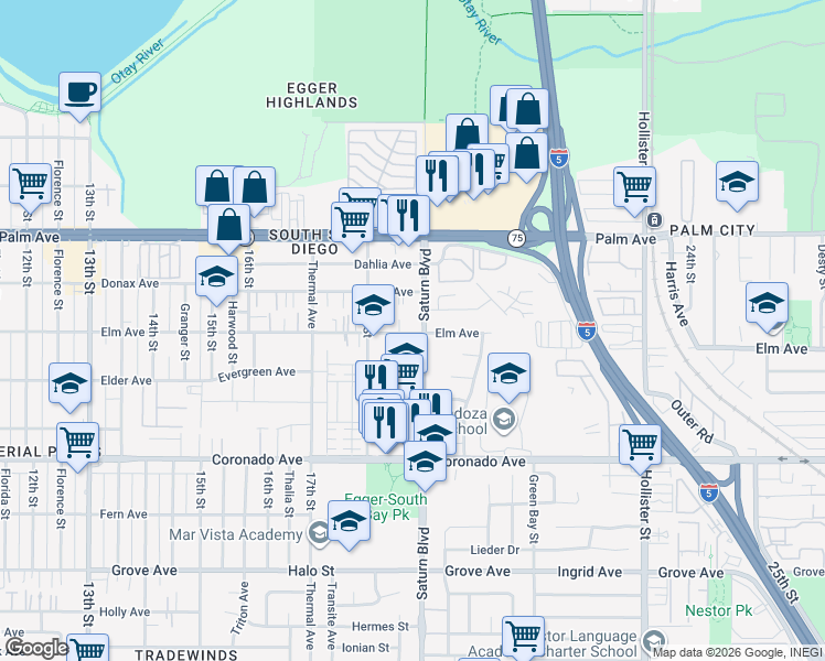 map of restaurants, bars, coffee shops, grocery stores, and more near 914 Saturn Boulevard in San Diego