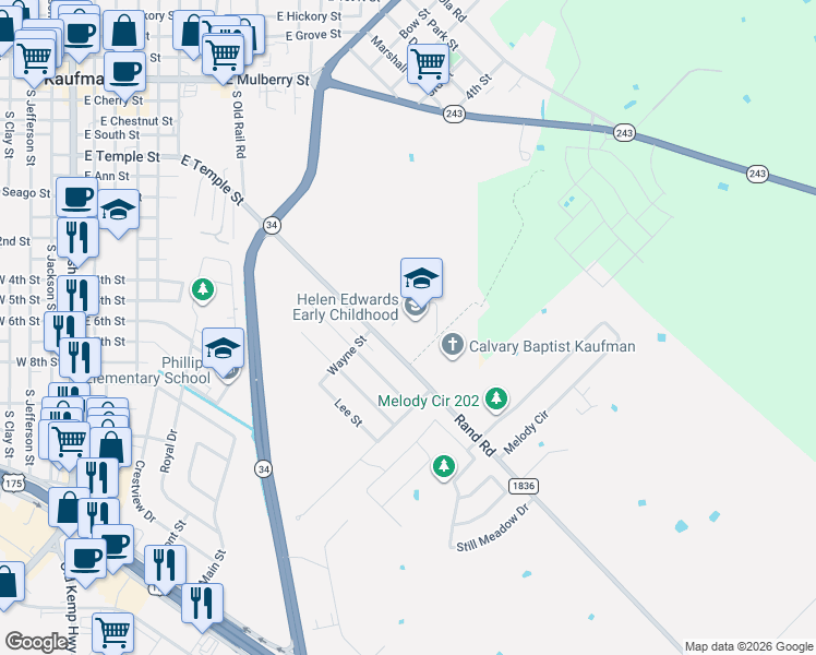 map of restaurants, bars, coffee shops, grocery stores, and more near 1605 Farm to Market Road 1836 in Kaufman