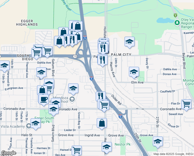 map of restaurants, bars, coffee shops, grocery stores, and more near 874 Hollister Street in San Diego