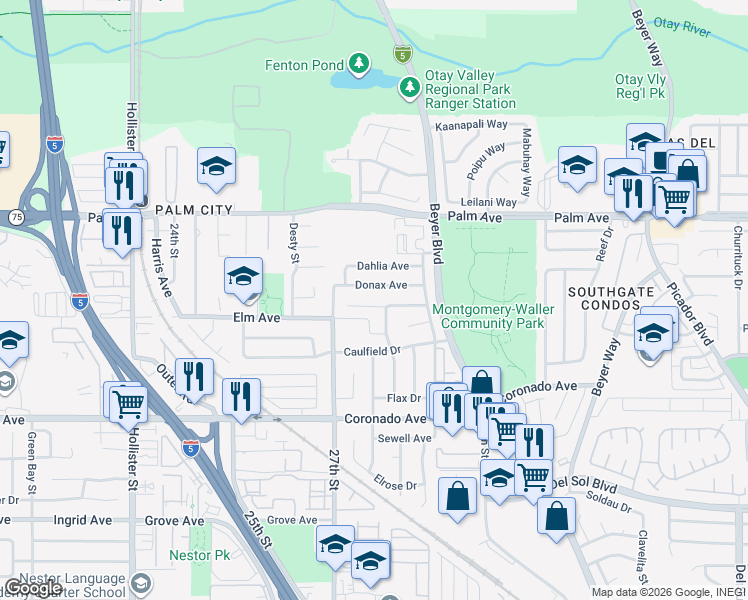 map of restaurants, bars, coffee shops, grocery stores, and more near 2820 Donax Avenue in San Diego