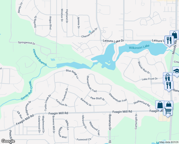 map of restaurants, bars, coffee shops, grocery stores, and more near 231 Shenandoah Trail in Warner Robins