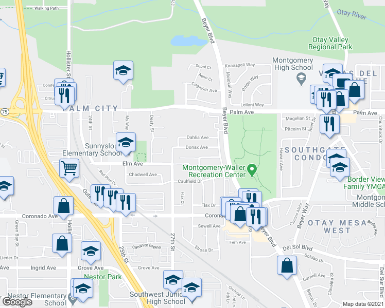 map of restaurants, bars, coffee shops, grocery stores, and more near 2820 Donax Avenue in San Diego