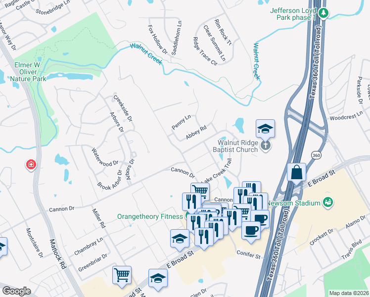map of restaurants, bars, coffee shops, grocery stores, and more near 3206 Abbey Road in Mansfield