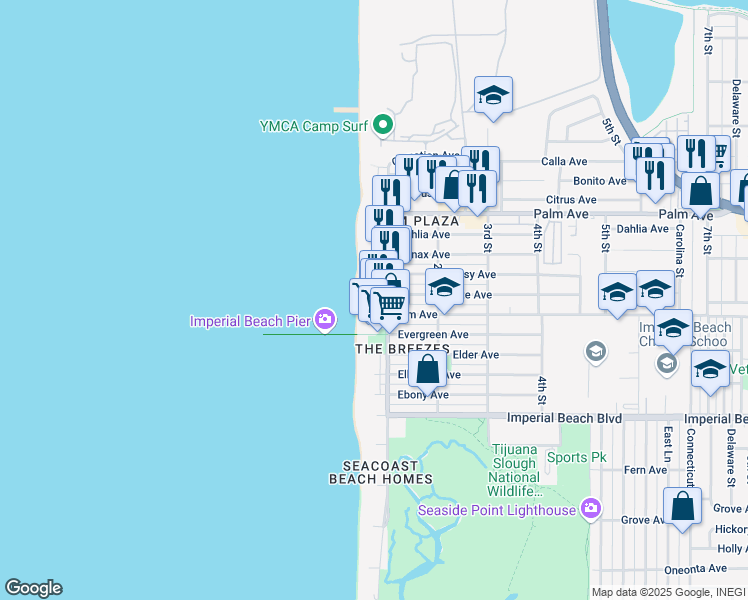 map of restaurants, bars, coffee shops, grocery stores, and more near 808 Ocean Lane in Imperial Beach