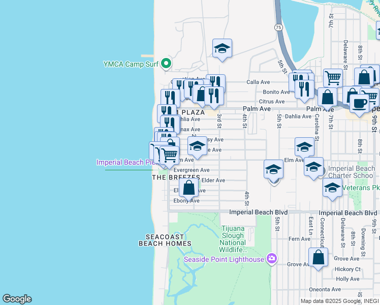 map of restaurants, bars, coffee shops, grocery stores, and more near 183 Date Avenue in Imperial Beach