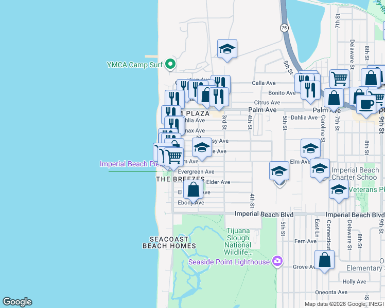 map of restaurants, bars, coffee shops, grocery stores, and more near 149 Daisy Avenue in Imperial Beach