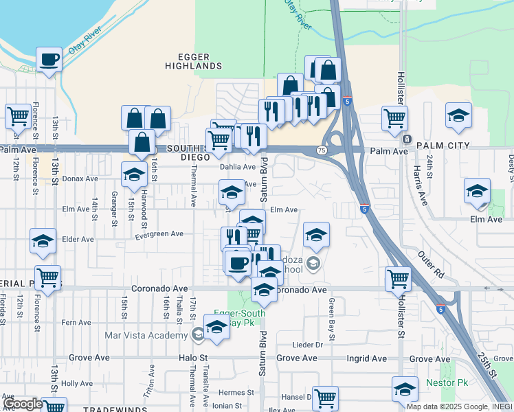 map of restaurants, bars, coffee shops, grocery stores, and more near 1884 Elm Avenue in San Diego