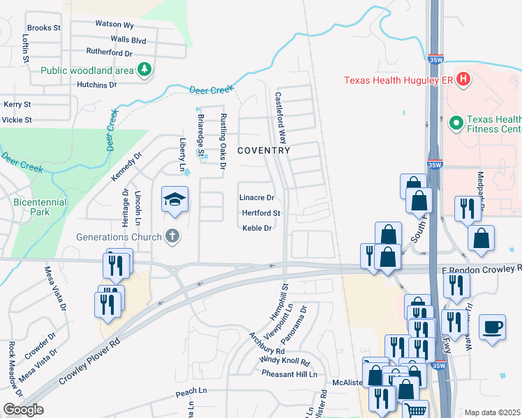 map of restaurants, bars, coffee shops, grocery stores, and more near 528 Hertford Street in Crowley