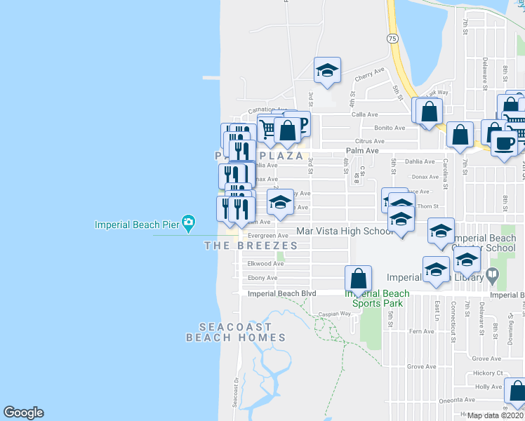 map of restaurants, bars, coffee shops, grocery stores, and more near 159 Date Avenue in Imperial Beach