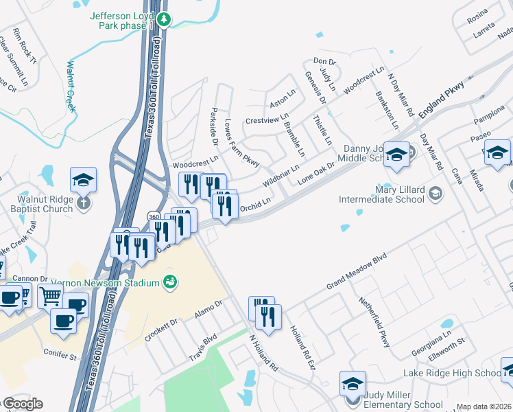 map of restaurants, bars, coffee shops, grocery stores, and more near 4011 Orchid Lane in Mansfield