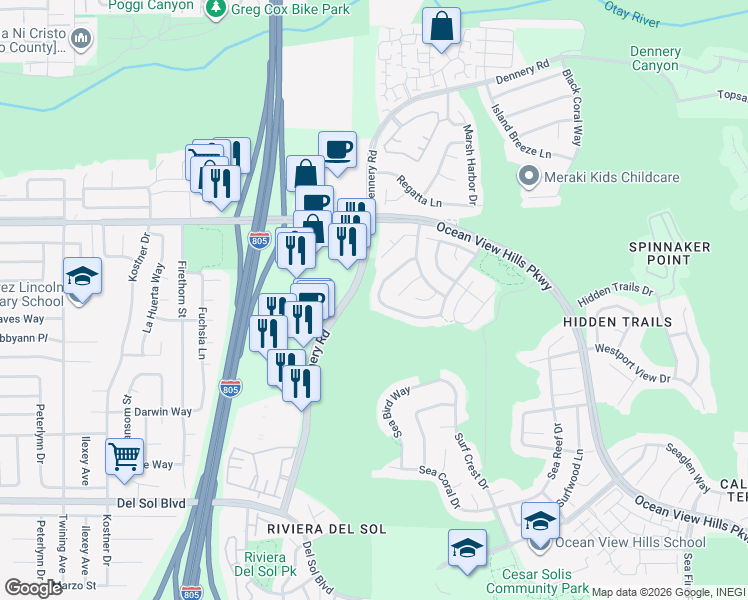 map of restaurants, bars, coffee shops, grocery stores, and more near 4754 Falconhurst Terrace in San Diego