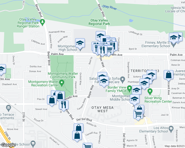 map of restaurants, bars, coffee shops, grocery stores, and more near 890 Beyer Way in San Diego
